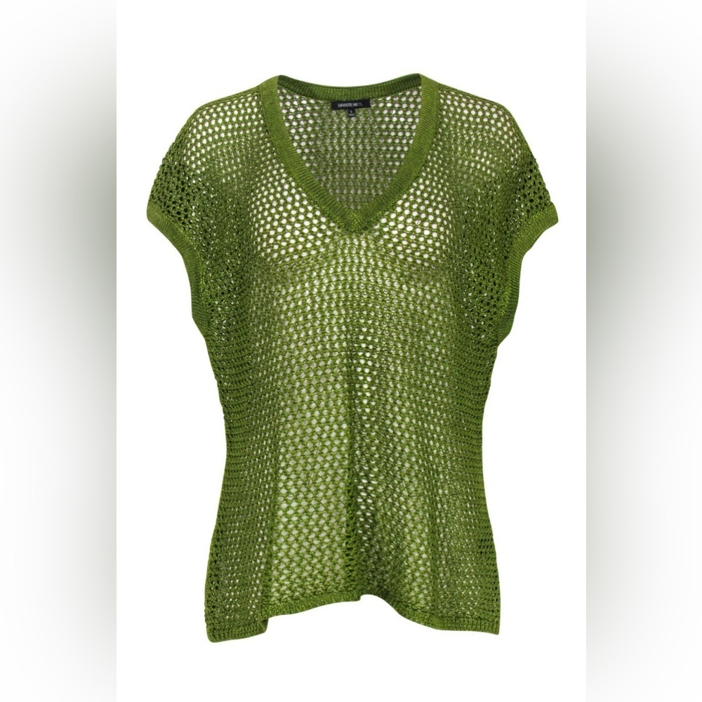 Lafayette 148 NY Green‎ Crochet Knit Top V Neck Short Sleeve Sheer NWT M